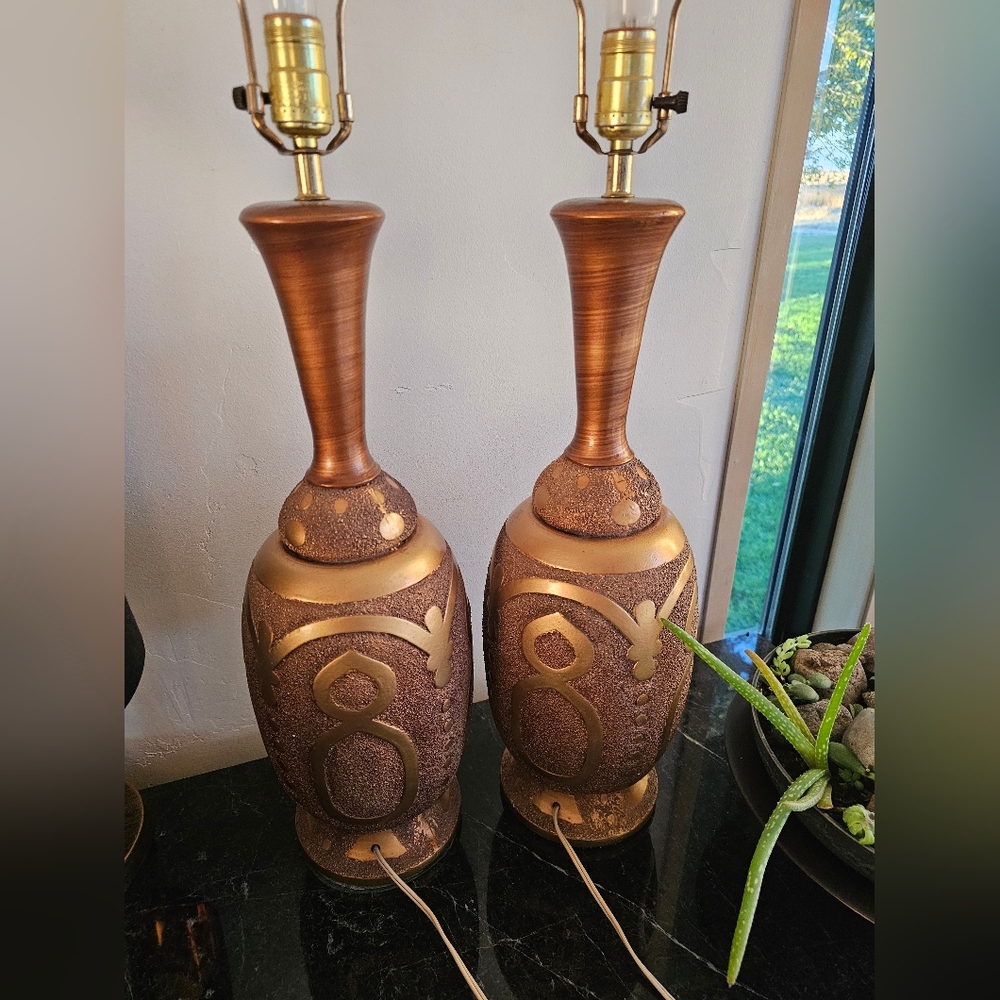 Vintage MCM Pair of Florence Art 1964 Ceramic Brown & Gold Tall Table Lamps